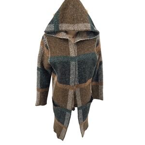 Natural Reflections Brown Plaid Hooded‎ Cardigan Longline Open Front Lg Cozy